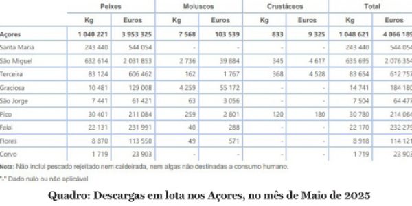 Foram descarregados em lota 1 048,61 toneladas de pescado no mês de Maio